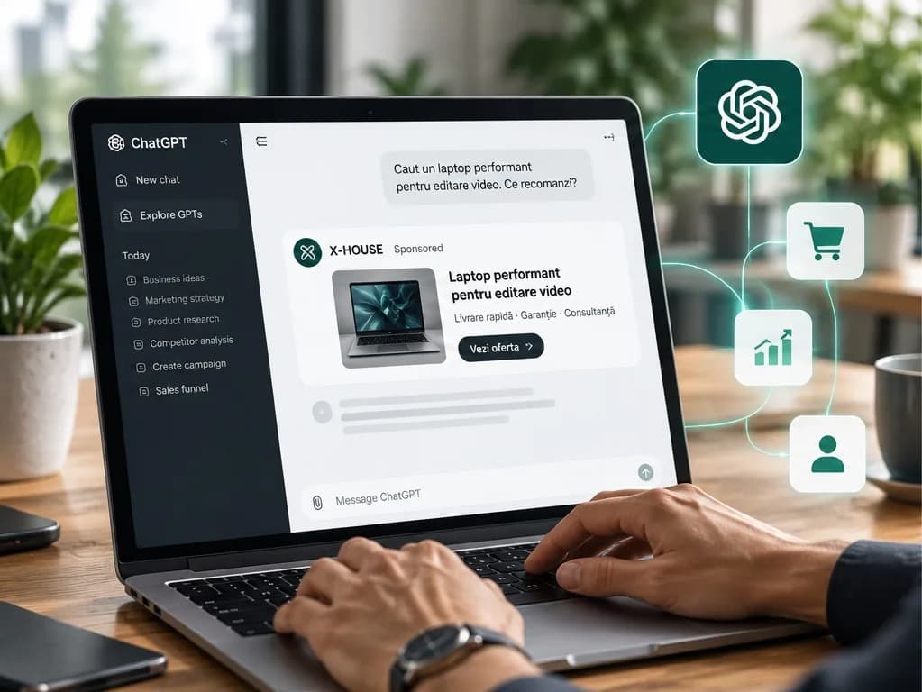 Ilustrație a unei reclame ChatGPT pentru un laptop, cu link către site-ul afacerii