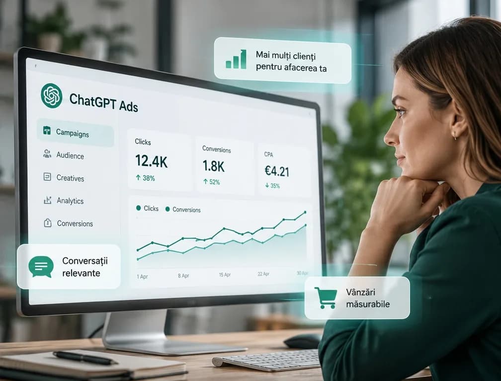 Ilustrație pentru optimizarea campaniilor ChatGPT Ads, cu grafice de clickuri și conversii
